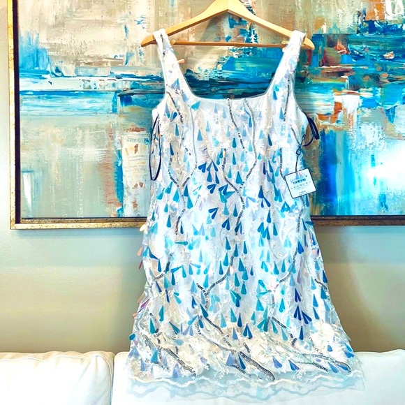 NWT LAUNDRY Shelli Segal white spangle shimmer dress shift mesh square 8 10 12 - Picture 4 of 16